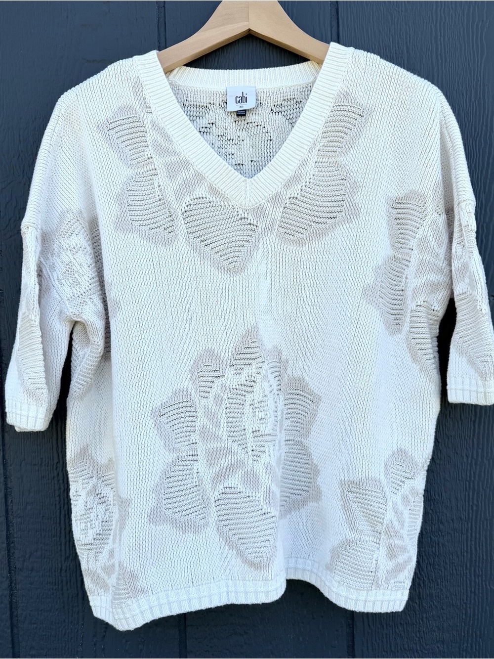 CAbi Cream Floral Open-Knit V-Neck Sweater